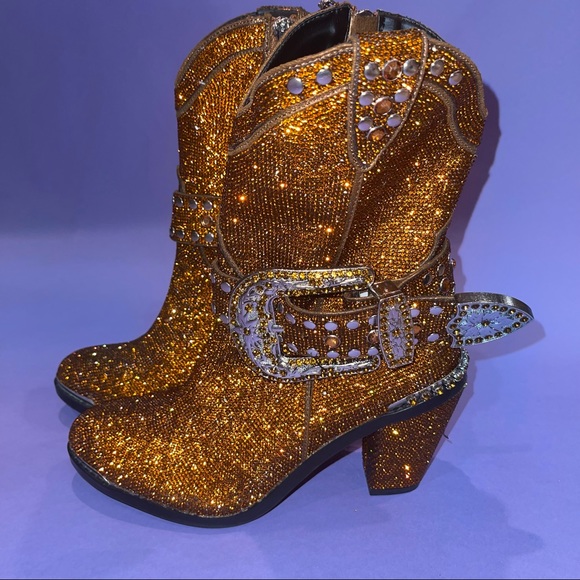 Dark orange/light brown rhinestone cowboy boots. - Picture 2 of 8